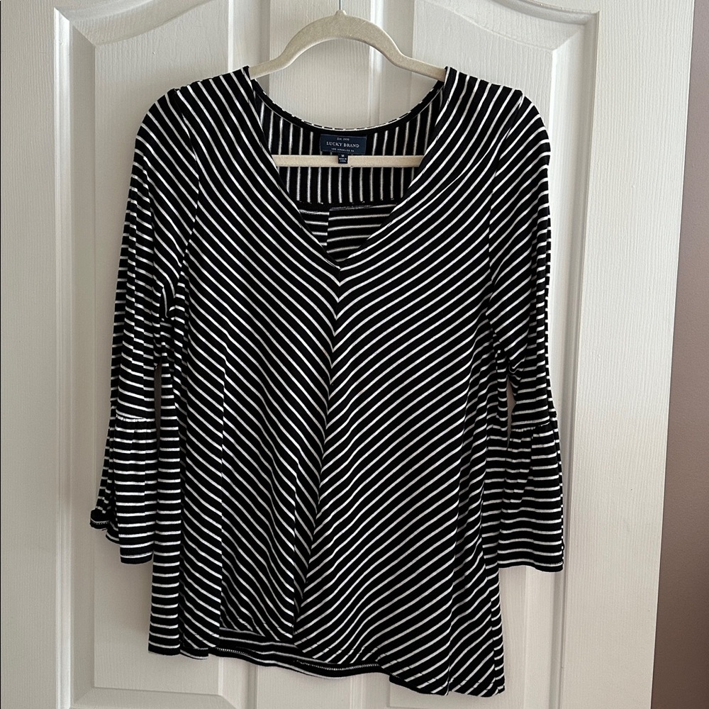 Lucky Brand Black and White Striped V-Neck Top
